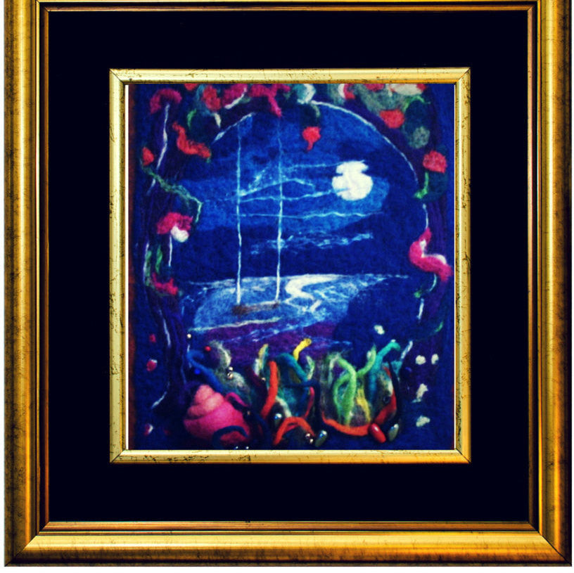 Needle Felted Picture, Moonlit Garden.