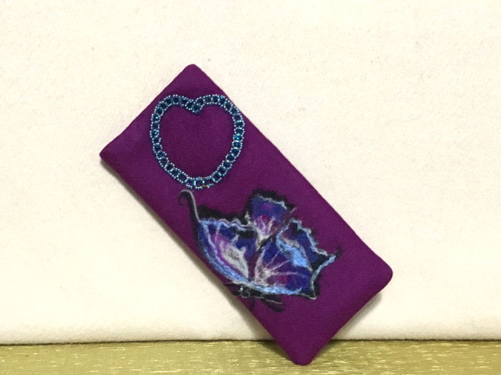 Purple Wool Glasses Case, Butterfly Beaded Heart.