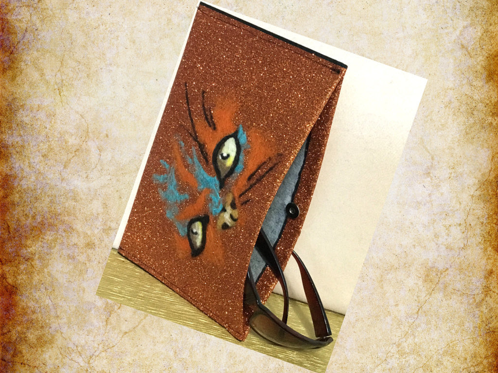 Glitter Wool Pouch, Brilliant Copper Sleeve, Cat Design.