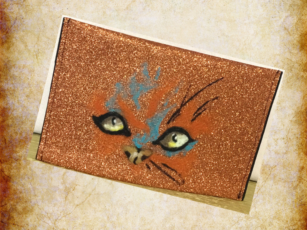 Glitter Wool Pouch, Brilliant Copper Sleeve, Cat Design.