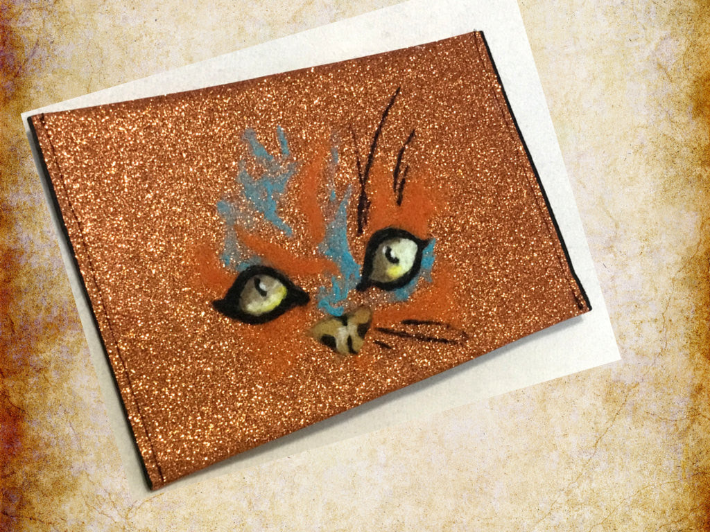 Glitter Wool Pouch, Brilliant Copper Sleeve, Cat Design.