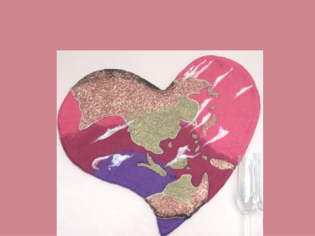 Wool *World Heart* Fiber Art, Glitter Hand Felted Picture. On SALE!