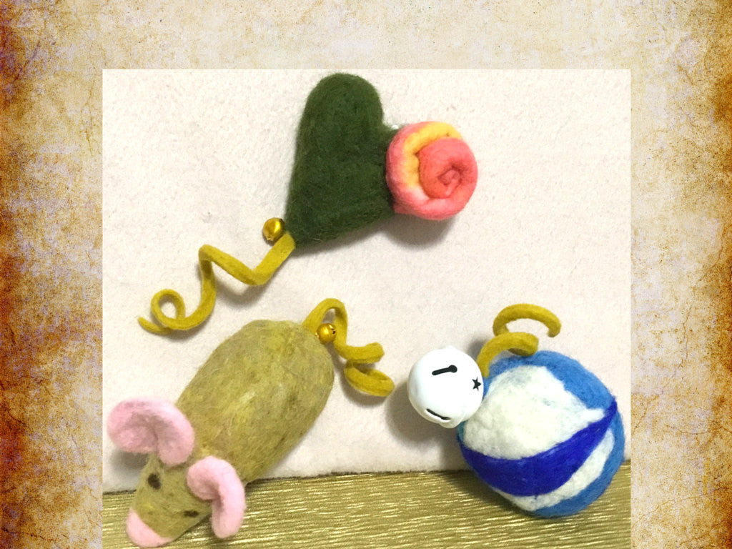 Wool Cat Toy Trio, Catnip and Curly Tails.
