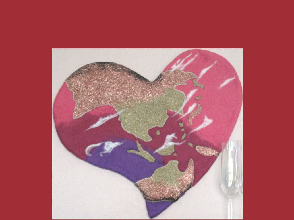 Wool *World Heart* Fiber Art, Glitter Hand Felted Picture. On SALE!