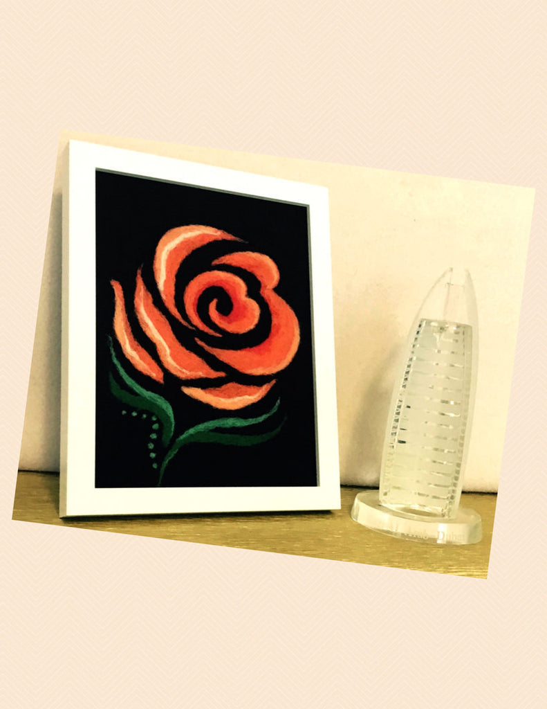 Framed Fibre Art, Wool Picture, Rose Design.