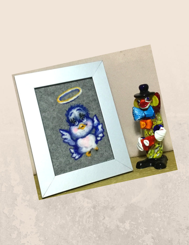 Framed Fibre Art, Wool Picture, Birdy Blue Design.