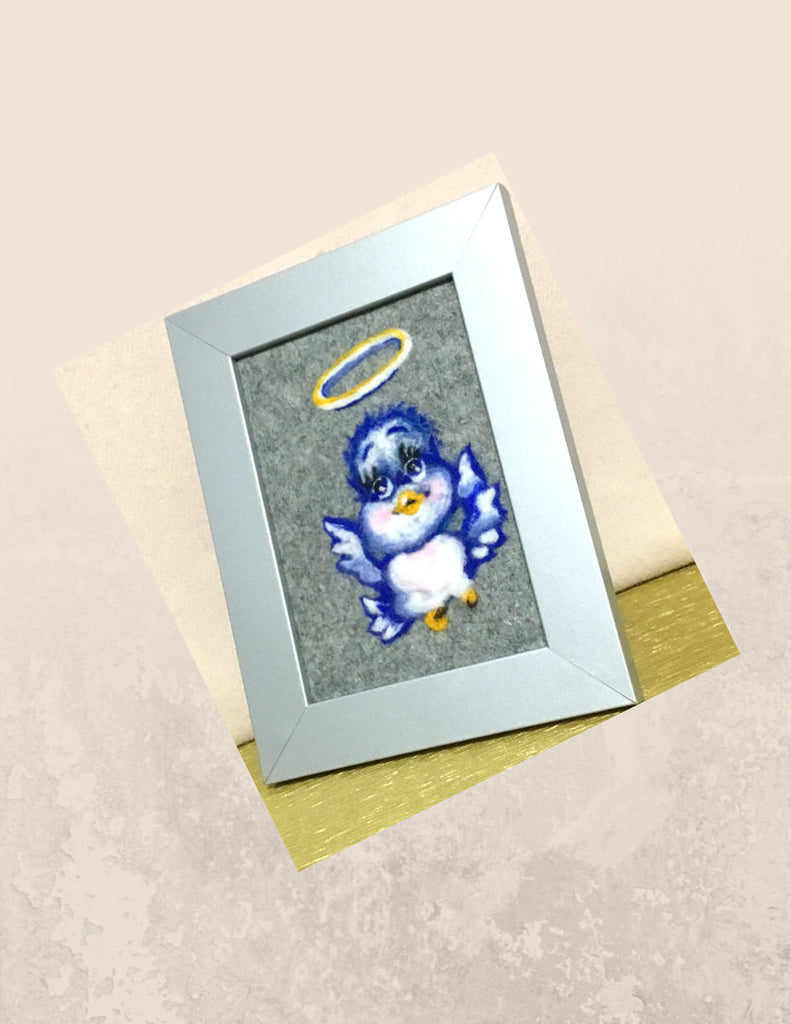 Framed Fibre Art, Wool Picture, Birdy Blue Design.