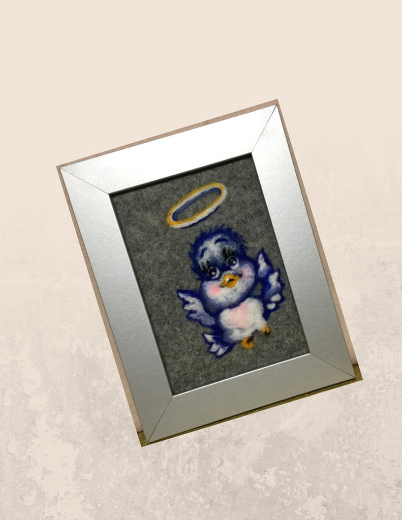 Framed Fibre Art, Wool Picture, Birdy Blue Design.