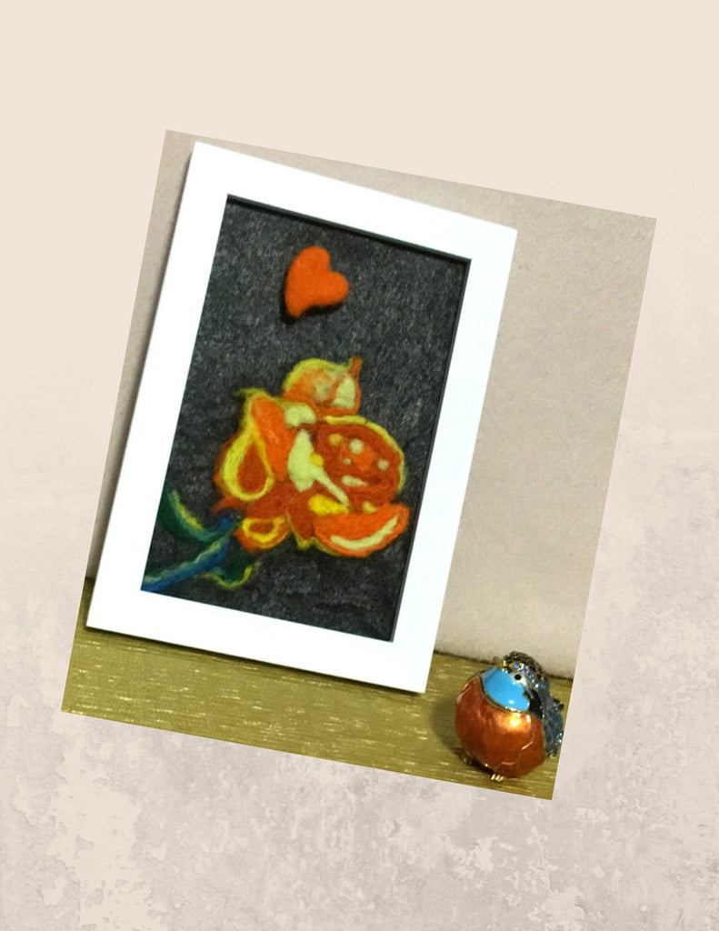 Small Rose  3 D Picture, Needle Felted and Framed.