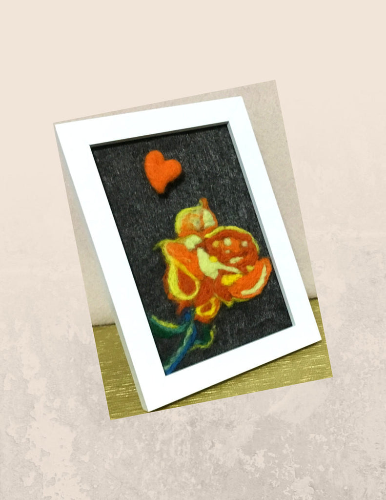 Small Rose  3 D Picture, Needle Felted and Framed.