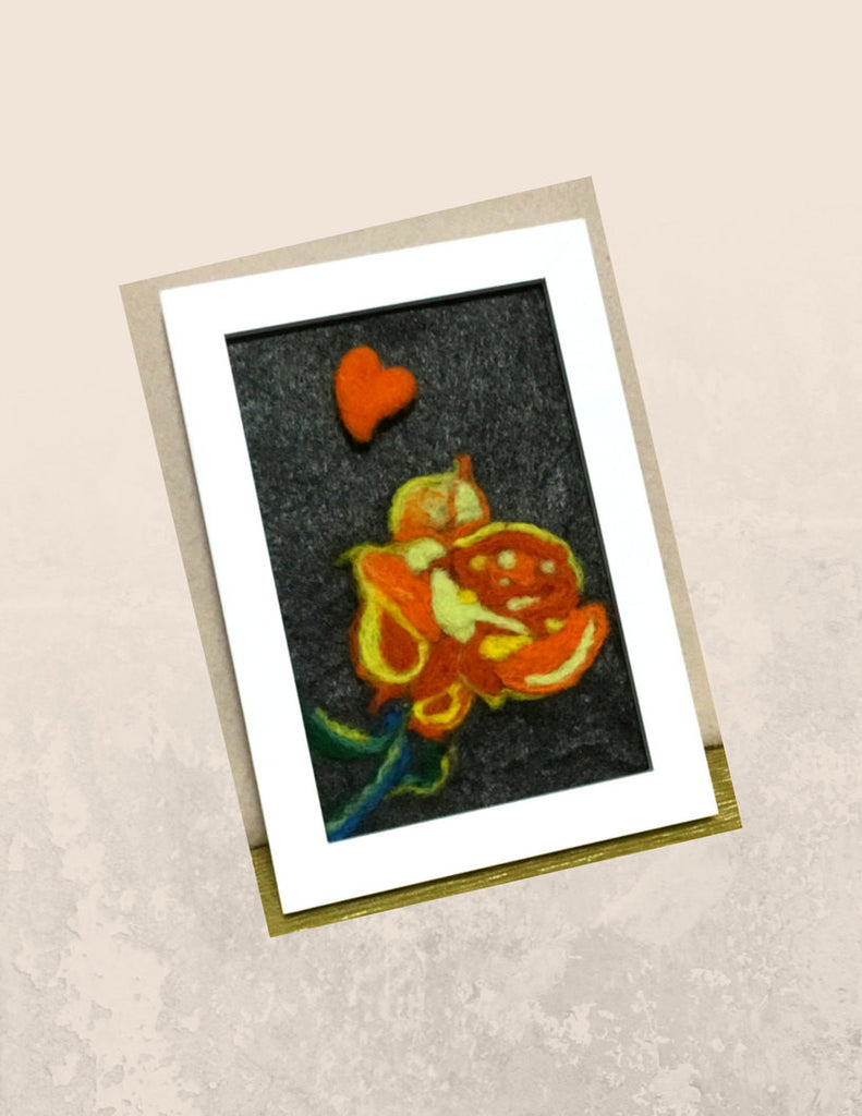 Small Rose  3 D Picture, Needle Felted and Framed.