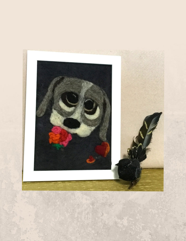 Framed Wool Picture, Felted Puppy,Heart and Flowers.