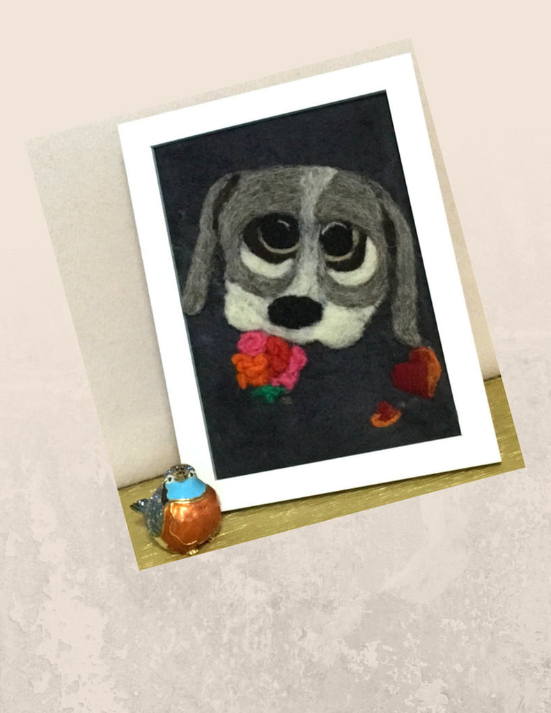 Framed Wool Picture, Felted Puppy,Heart and Flowers.