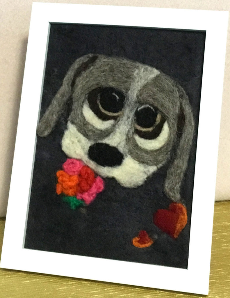 Framed Wool Picture, Felted Puppy,Heart and Flowers.