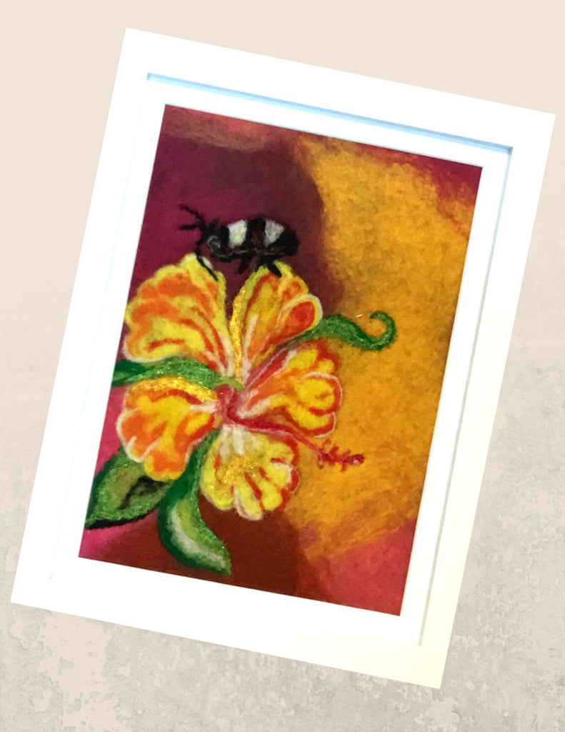 Framed Wool Picture, Hibiscus Design.