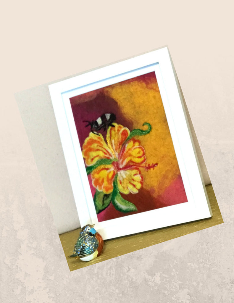 Framed Wool Picture, Hibiscus Design.