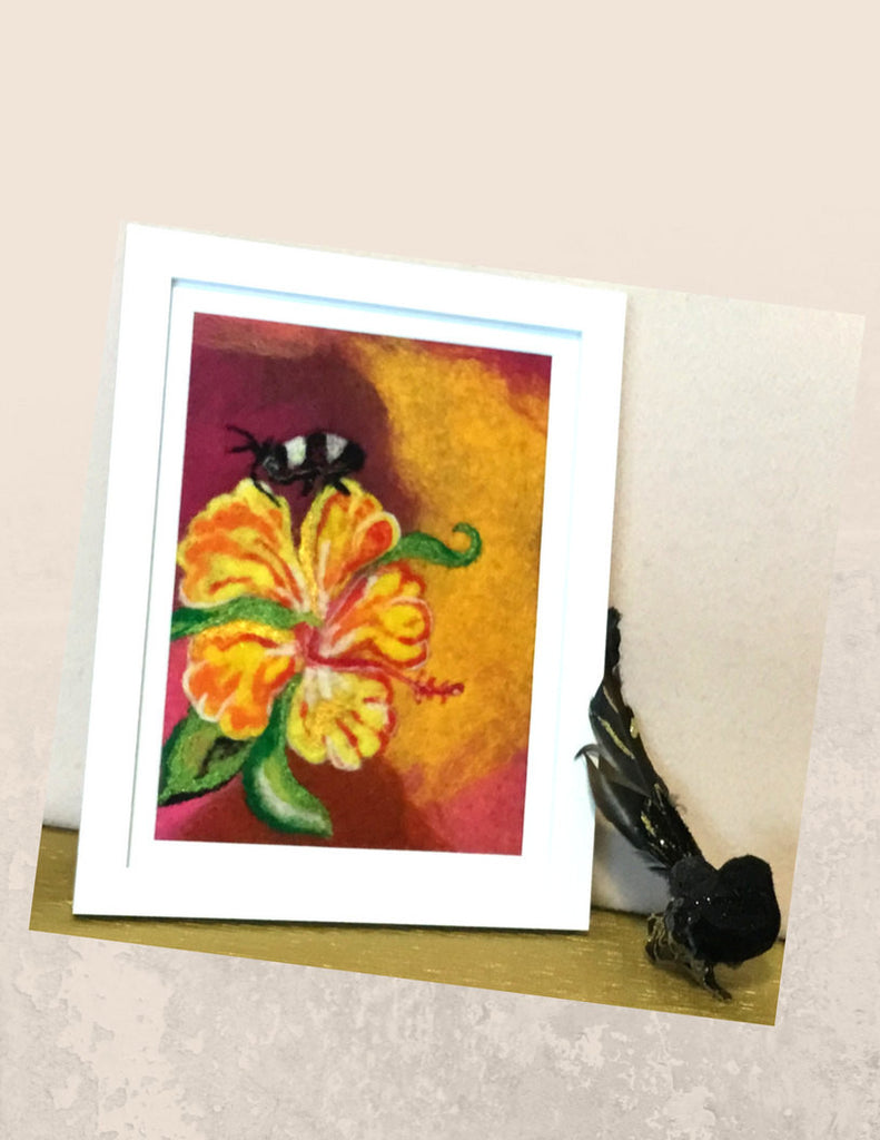 Framed Wool Picture, Hibiscus Design.