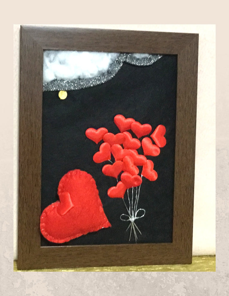 Framed Wool Picture, Heart balloons.