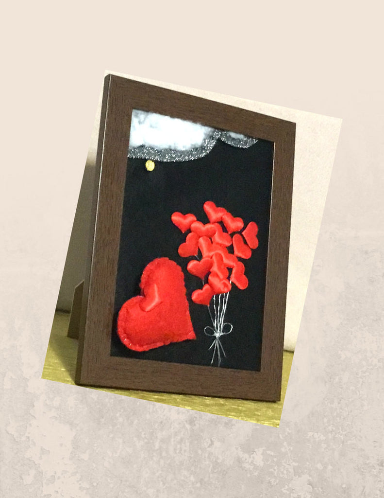 Framed Wool Picture, Heart balloons.