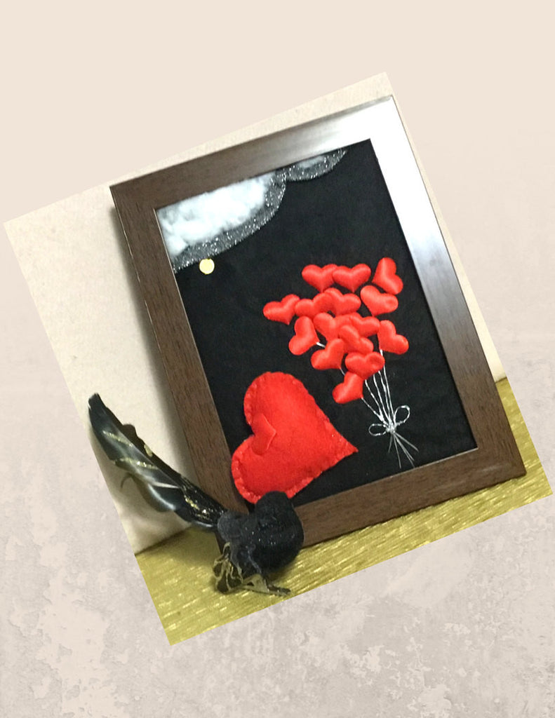 Framed Wool Picture, Heart balloons.