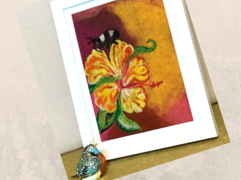 Framed Wool Picture, Hibiscus Design.