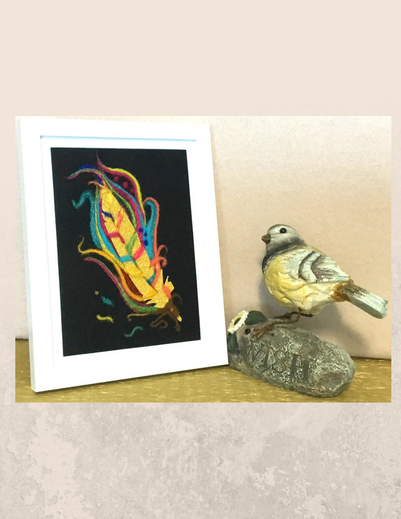 Felted Wool Picture, Glitter Feather!