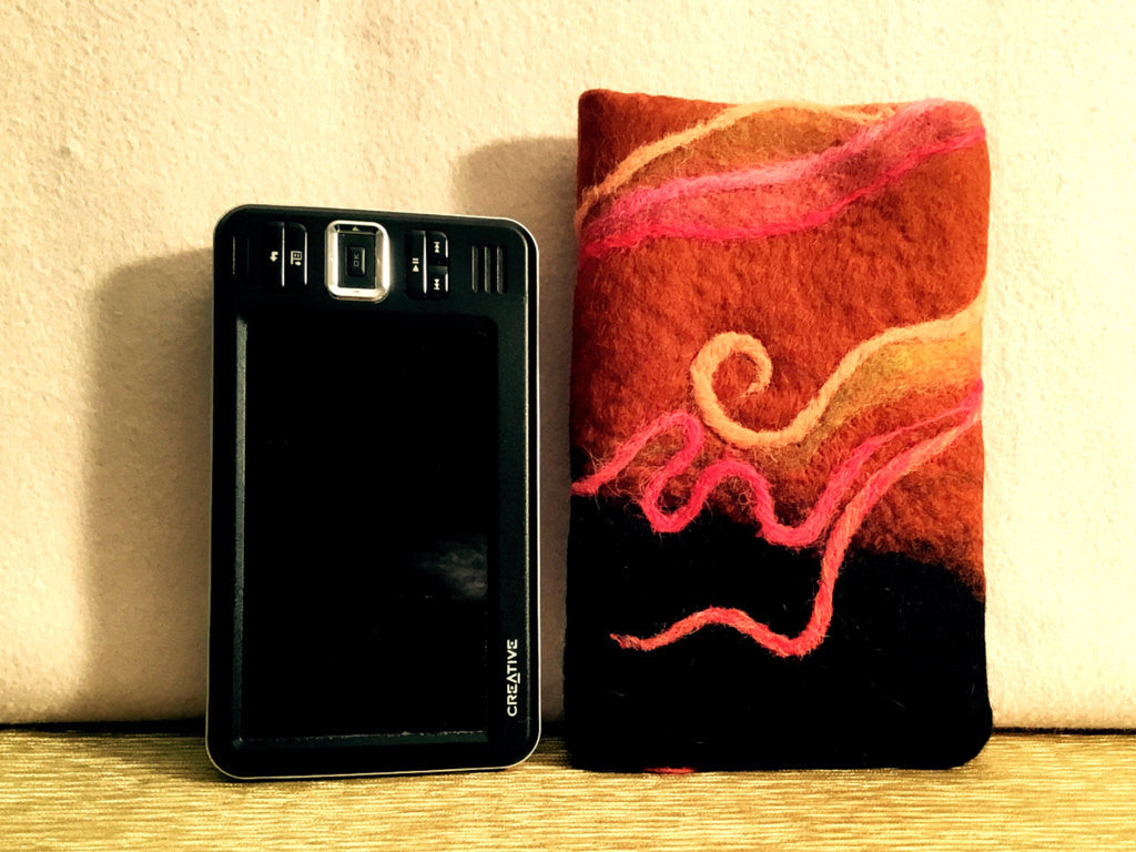 Felted Wool I Phone Case, Copper / Black, Wine Glasses Design.