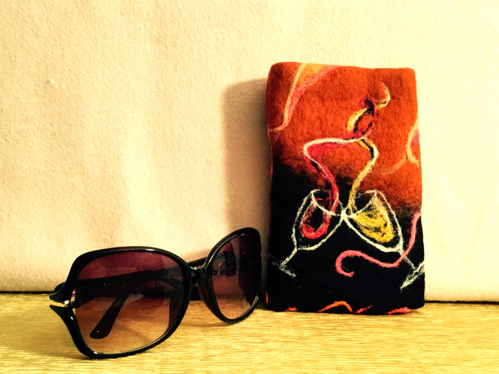 Felted Wool I Phone Case, Copper / Black, Wine Glasses Design.