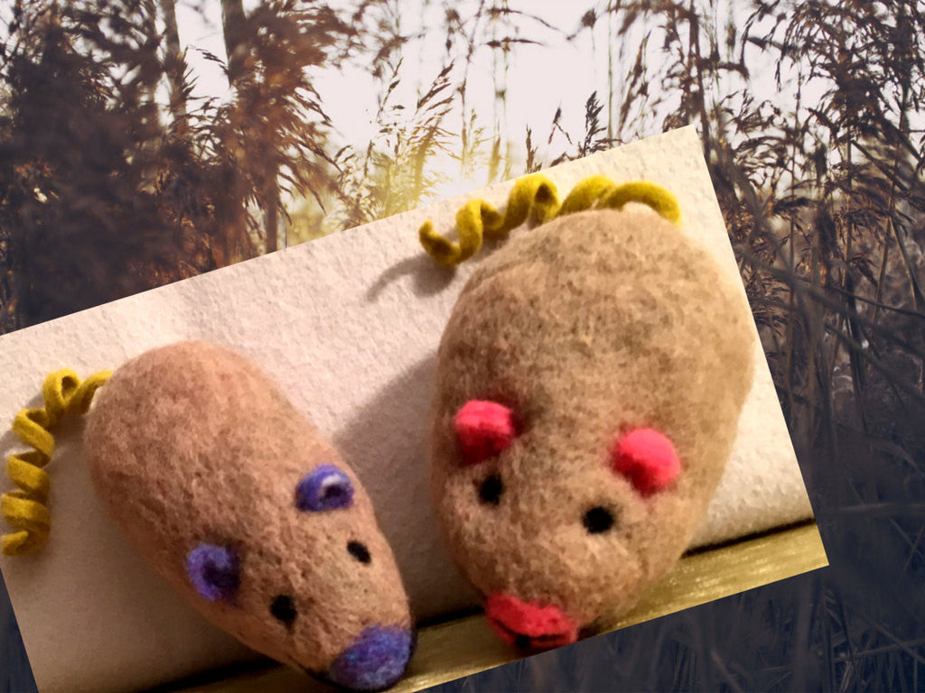 Felted Wool Cat Toys, Mother and Son Mice... Pair.