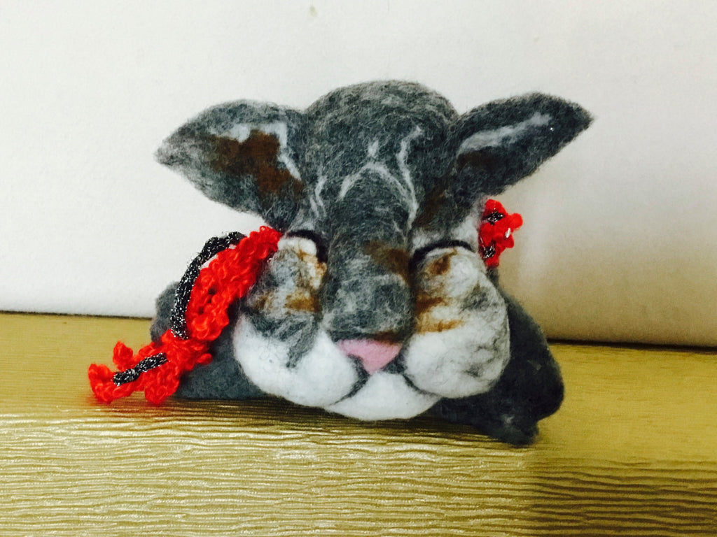 Felted Wool Cat Toy, with Red Wool Tassel.