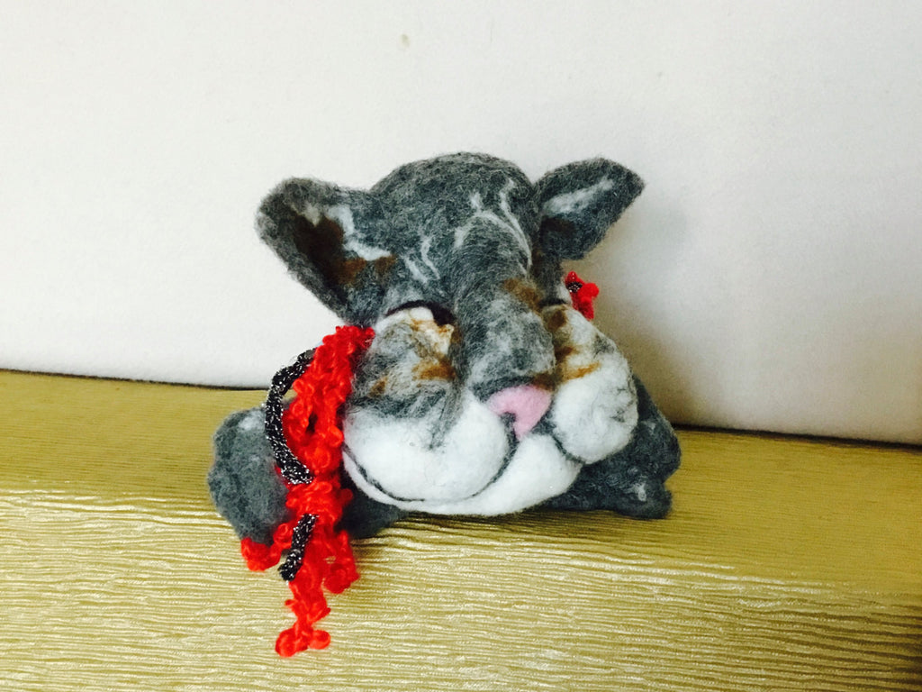 Felted Wool Cat Toy, with Red Wool Tassel.