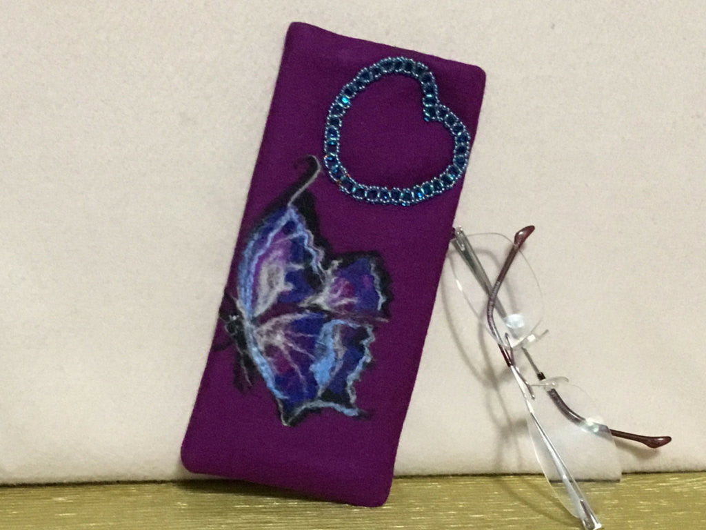 Purple Wool Glasses Case, Butterfly Beaded Heart.