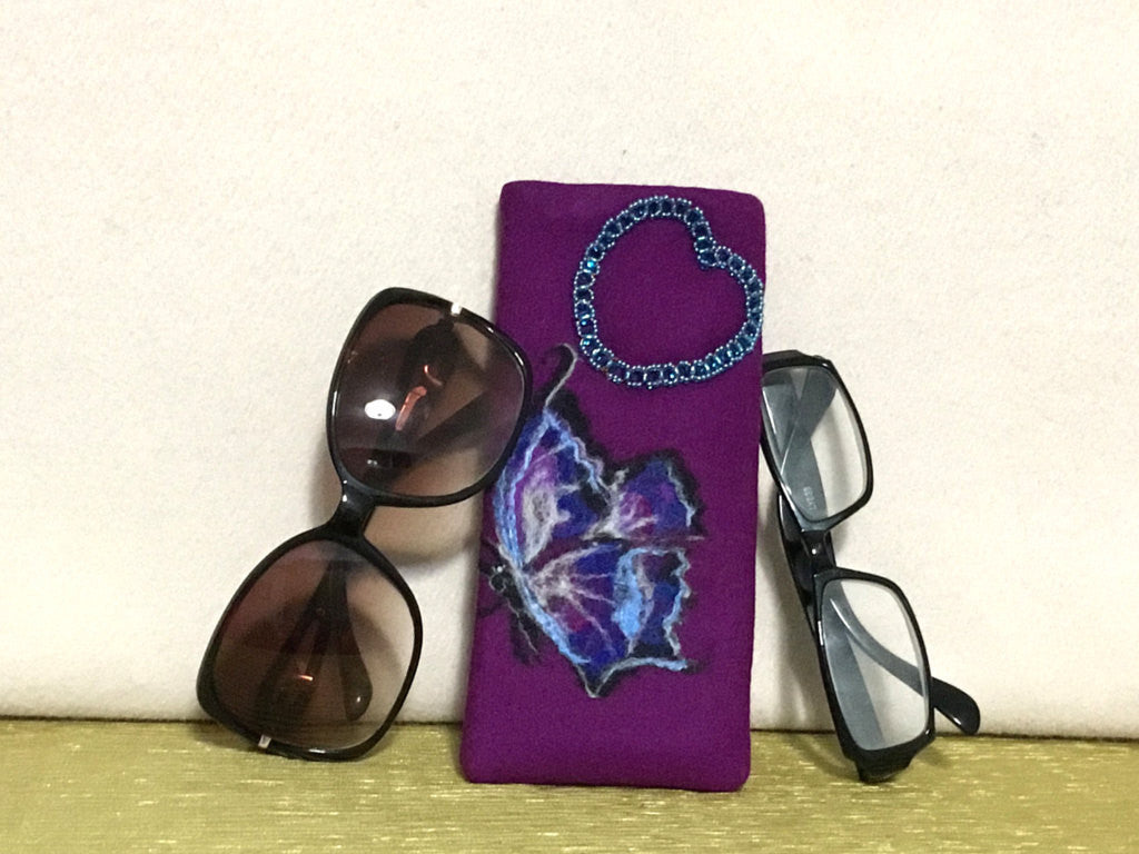 Purple Wool Glasses Case, Butterfly Beaded Heart.