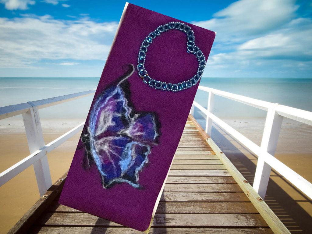 Purple Wool Glasses Case, Butterfly Beaded Heart.