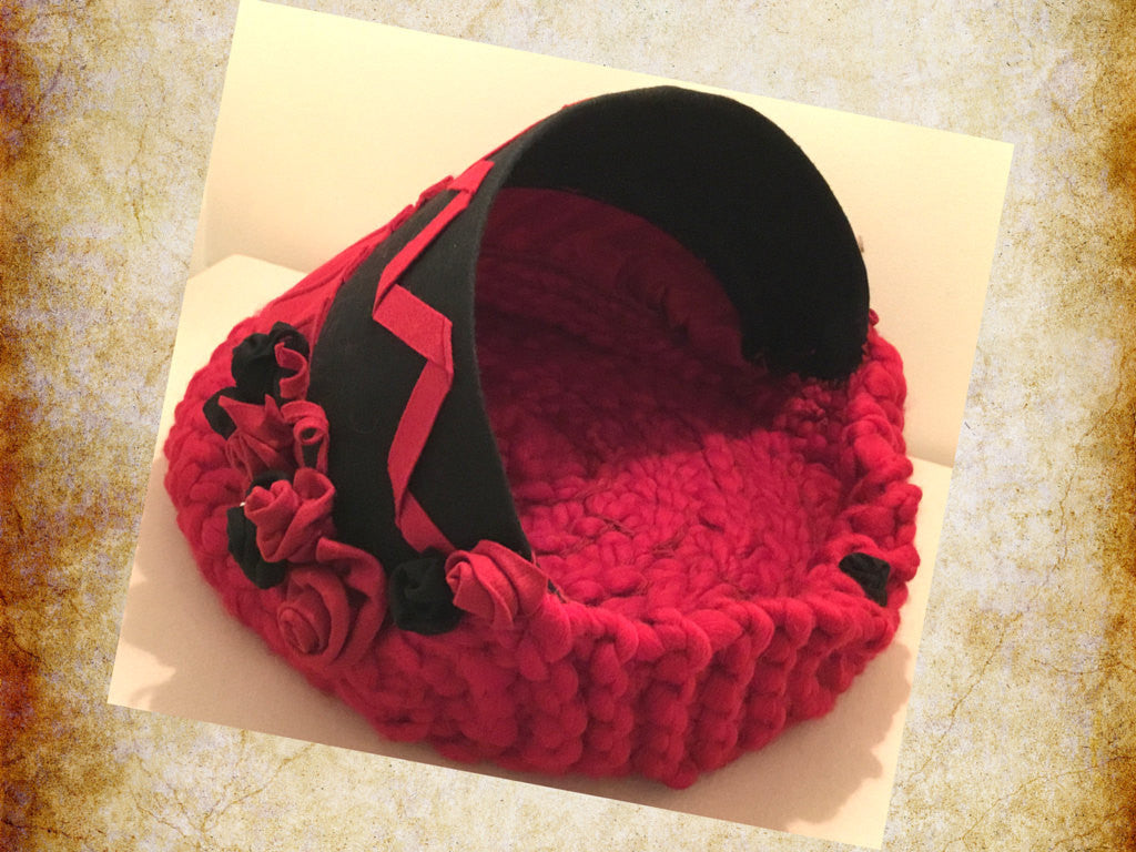 Red Wool Cat Bed, JUMBO Size... Scarlet Rose Design.