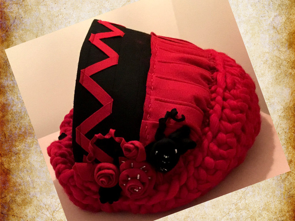 Red Wool Cat Bed, JUMBO Size... Scarlet Rose Design.