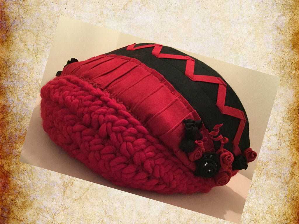 Red Wool Cat Bed, JUMBO Size... Scarlet Rose Design.