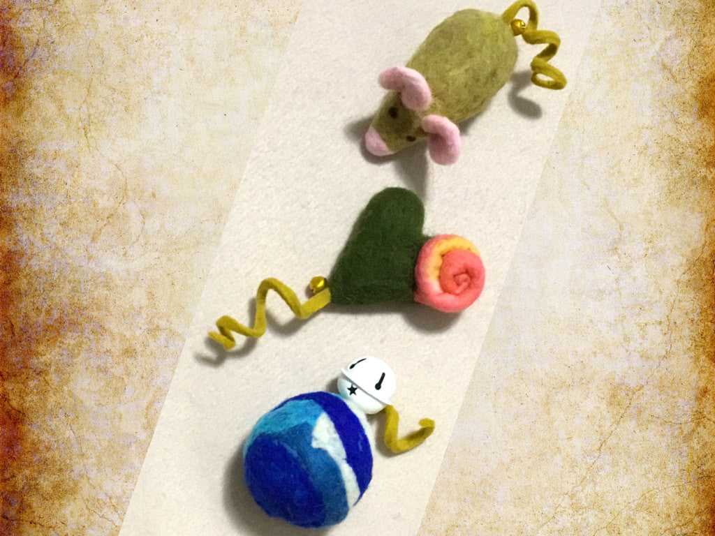 Wool Cat Toy Trio, Catnip and Curly Tails.