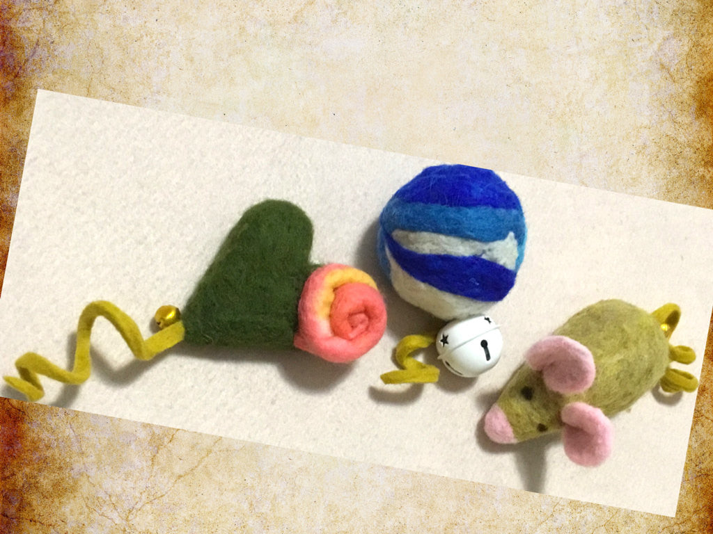 Wool Cat Toy Trio, Catnip and Curly Tails.