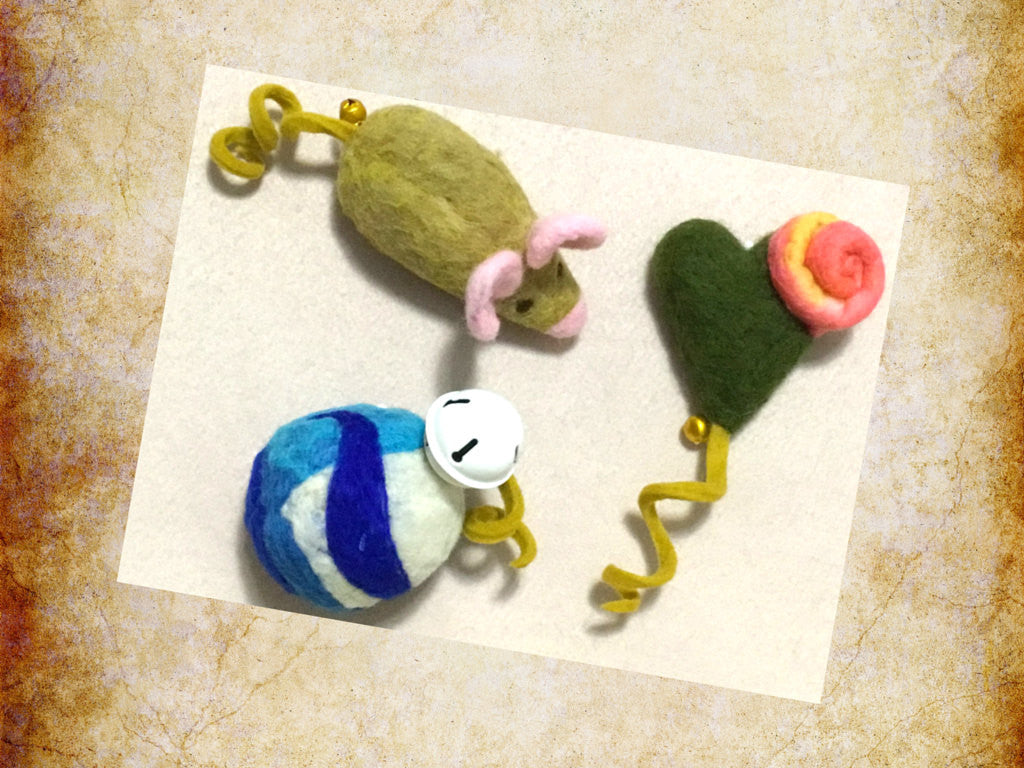 Wool Cat Toy Trio, Catnip and Curly Tails.