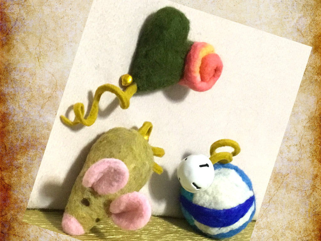 Wool Cat Toy Trio, Catnip and Curly Tails.