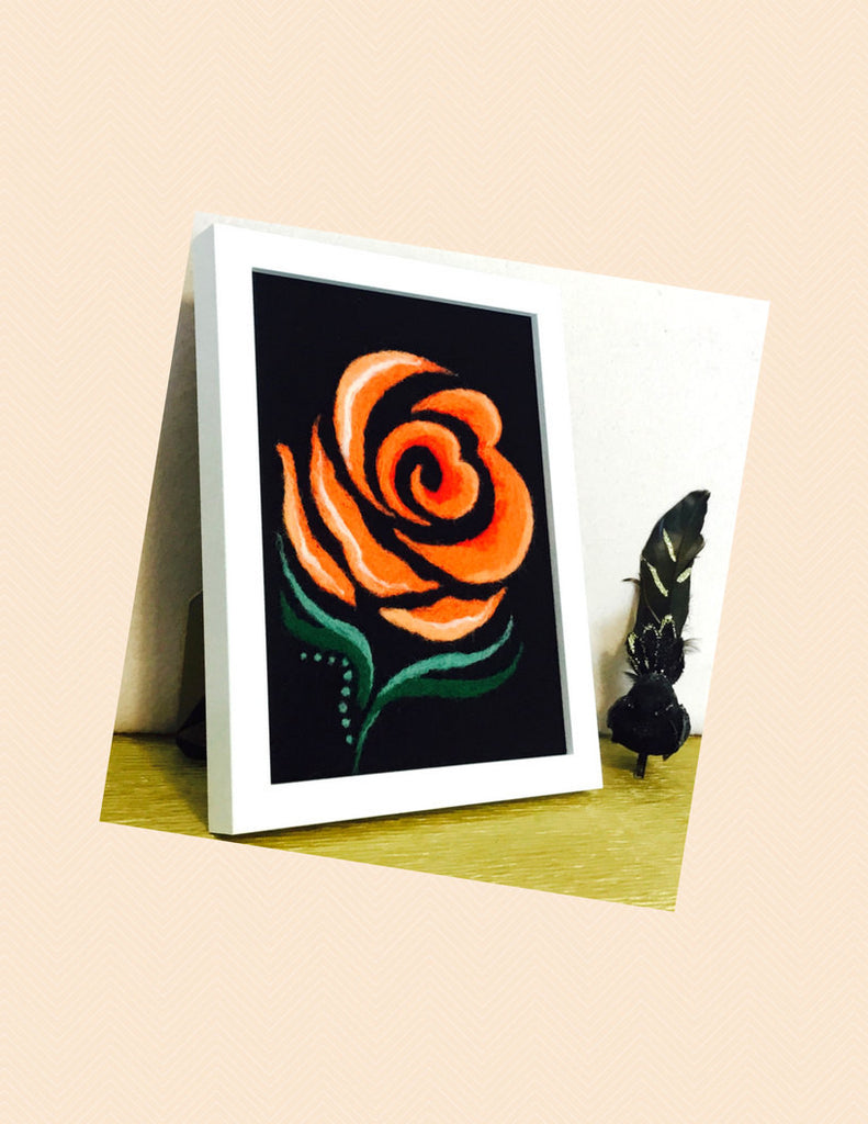 Framed Fibre Art, Wool Picture, Rose Design.