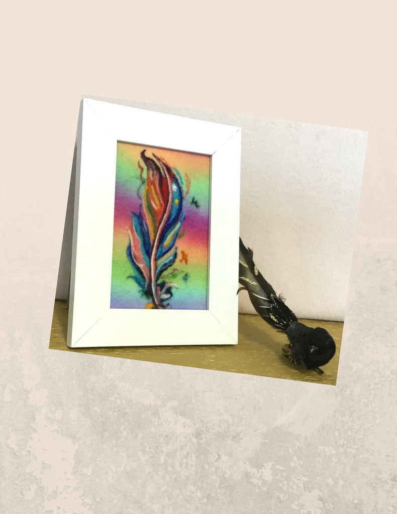 Framed Wool Picture, feather Design.