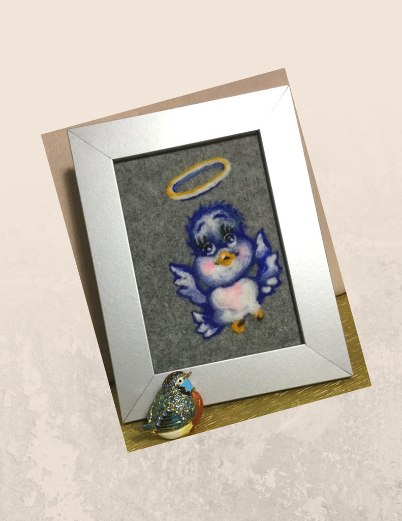 Framed Fibre Art, Wool Picture, Birdy Blue Design.