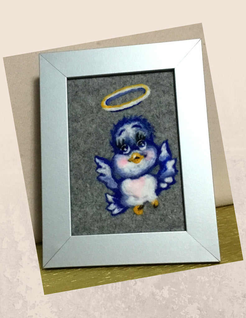 Framed Fibre Art, Wool Picture, Birdy Blue Design.
