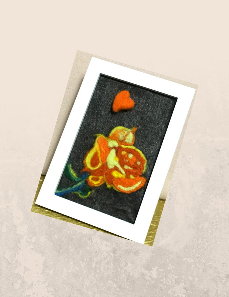 Small Rose  3 D Picture, Needle Felted and Framed.