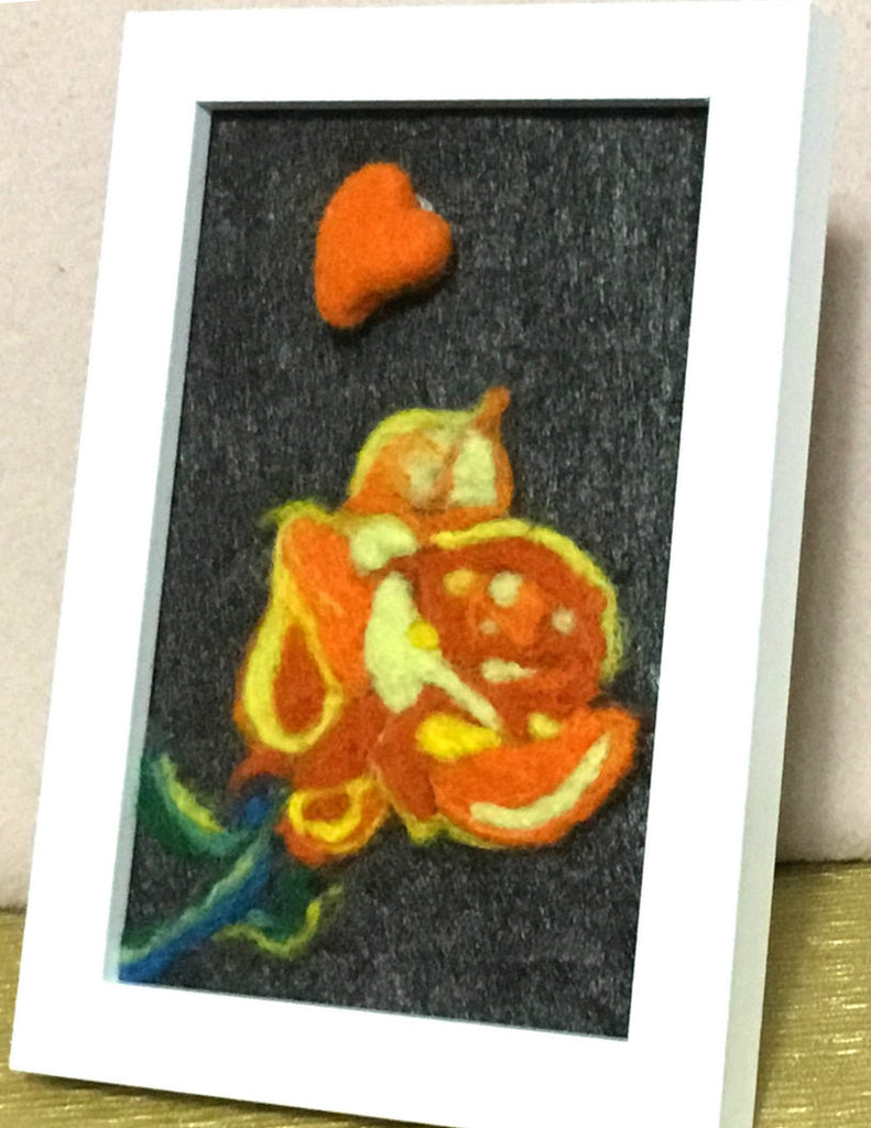 Small Rose  3 D Picture, Needle Felted and Framed.