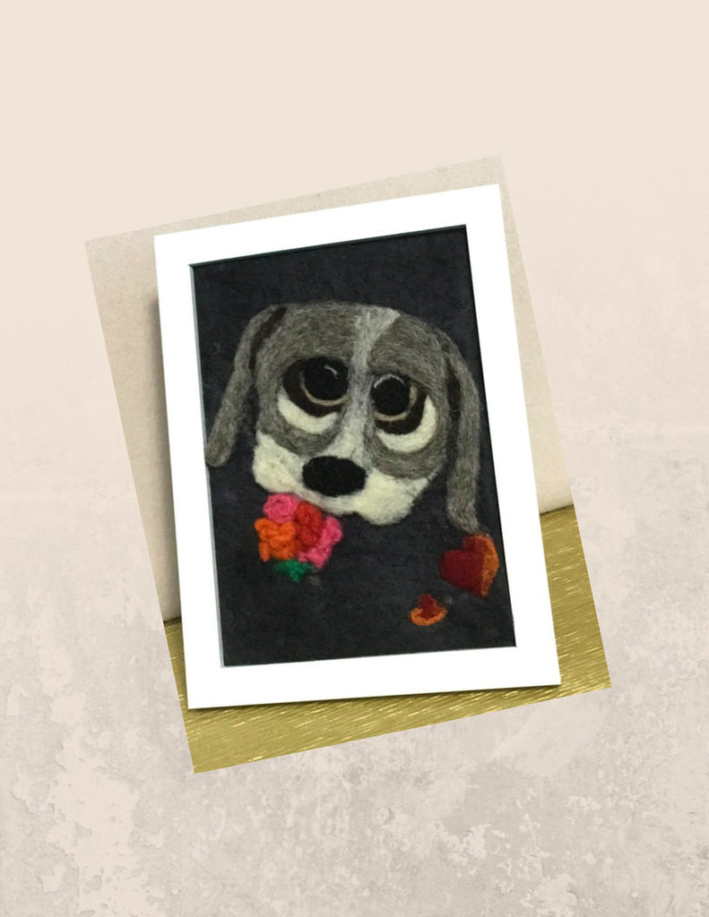 Framed Wool Picture, Felted Puppy,Heart and Flowers.