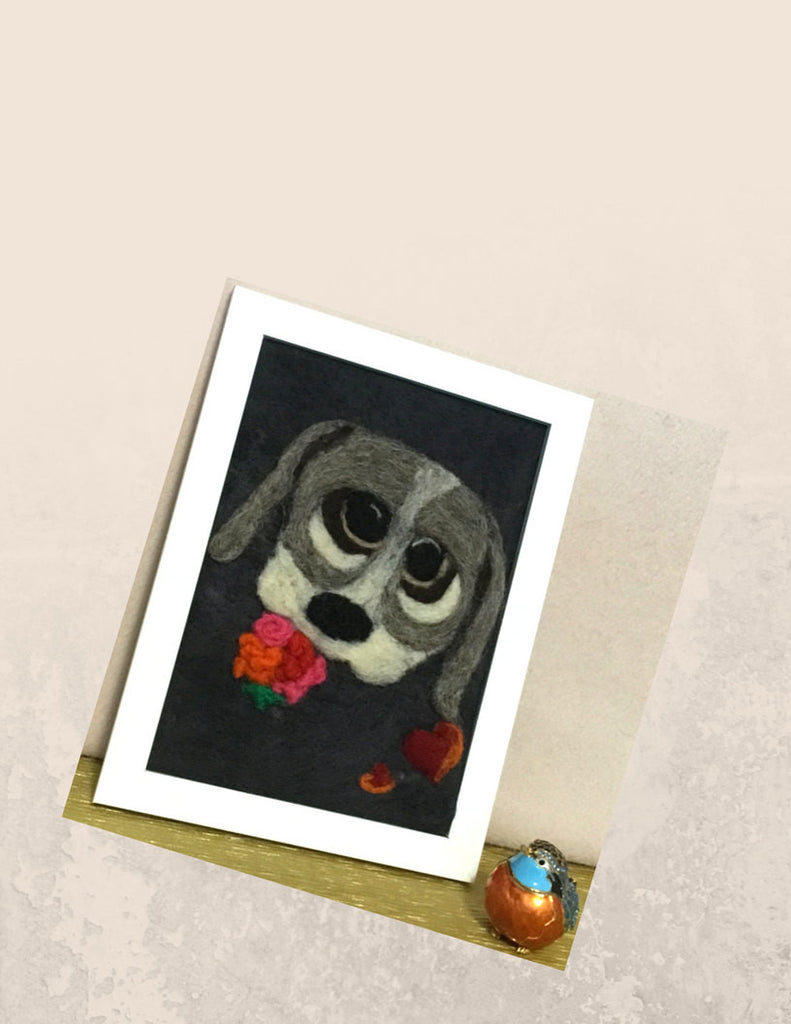 Framed Wool Picture, Felted Puppy,Heart and Flowers.