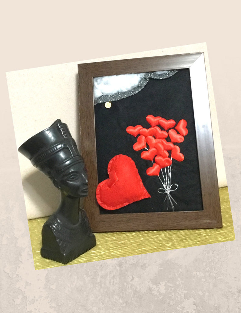 Framed Wool Picture, Heart balloons.